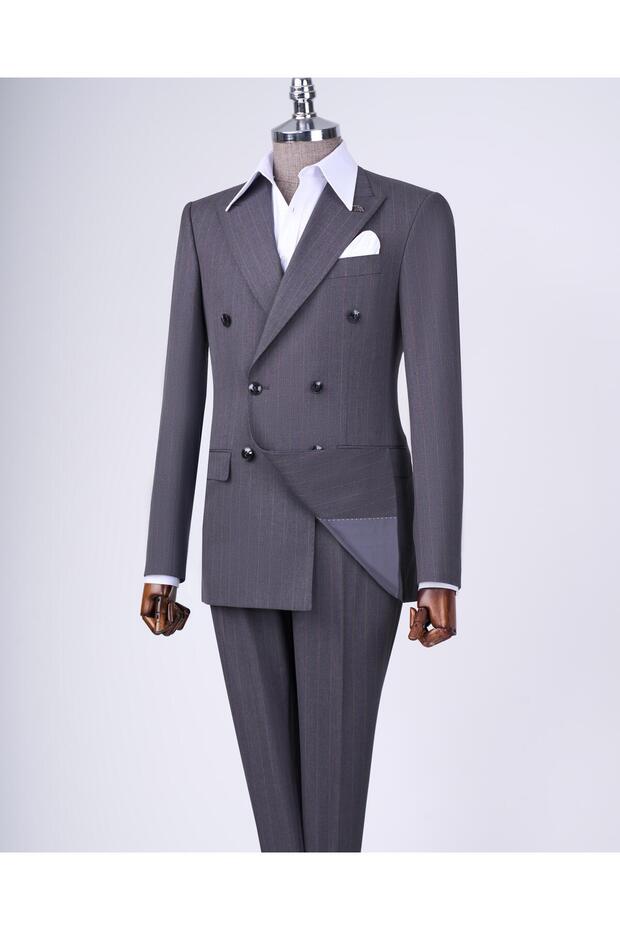 Gray Italian Style Double Breasted Striped Jacket and Pants Set - T12899
