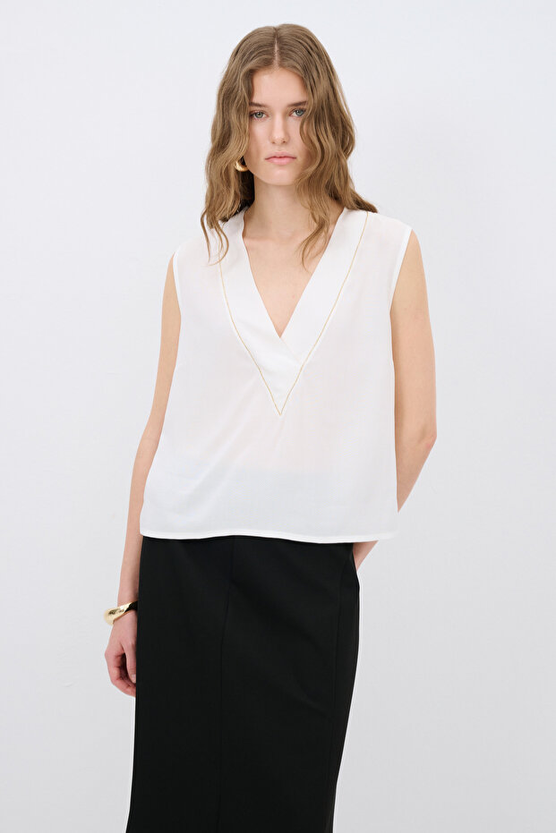 Taş Detaylı Kolsuz  Örme Bluz - 5