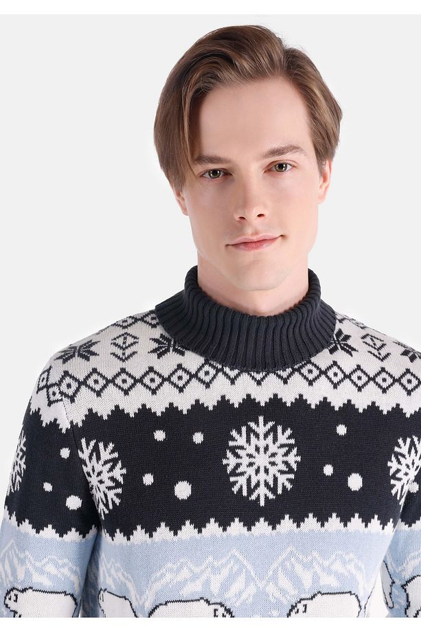 Regular Fit Turtle Neck Jakarlı Erkek Lacivert Kazak - 4