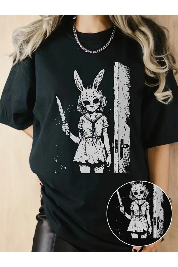 100% Gothic Horror Bunny Mask Graphic T-Shirt for Women