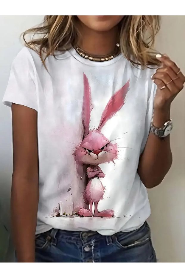 Fun Cartoon Style Rabbit Printed Design, Comfortable and Fashionable Style, Women's Fashion Top,