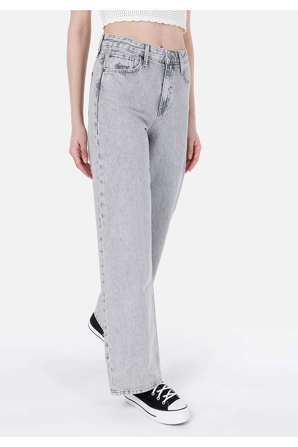 Regular Fit Yüksel Bel Geniş Paça Kadın Gri Jean Pantolon - 4