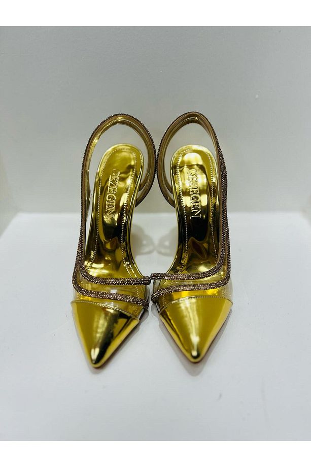 Işıltılı Gold Transparan Topuklu Ayakkabı – Lüks Abiye ve Özel Gün Şıklığı - 1