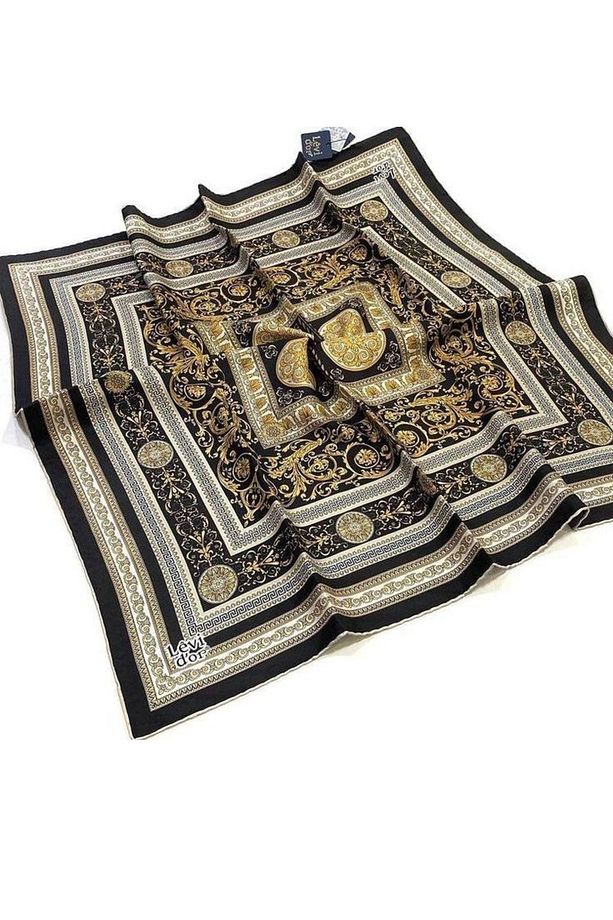 Twill İpek Eşarp Motif Desen Siyah Gold - 3