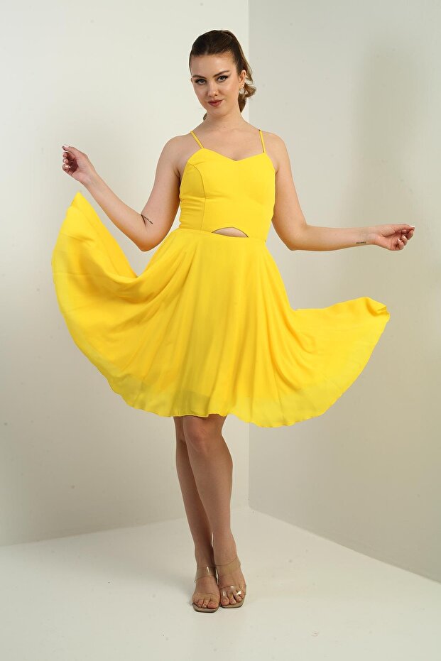 Women's Rope Strap Back Tie Front Window Lined Chiffon Short Flared Dress