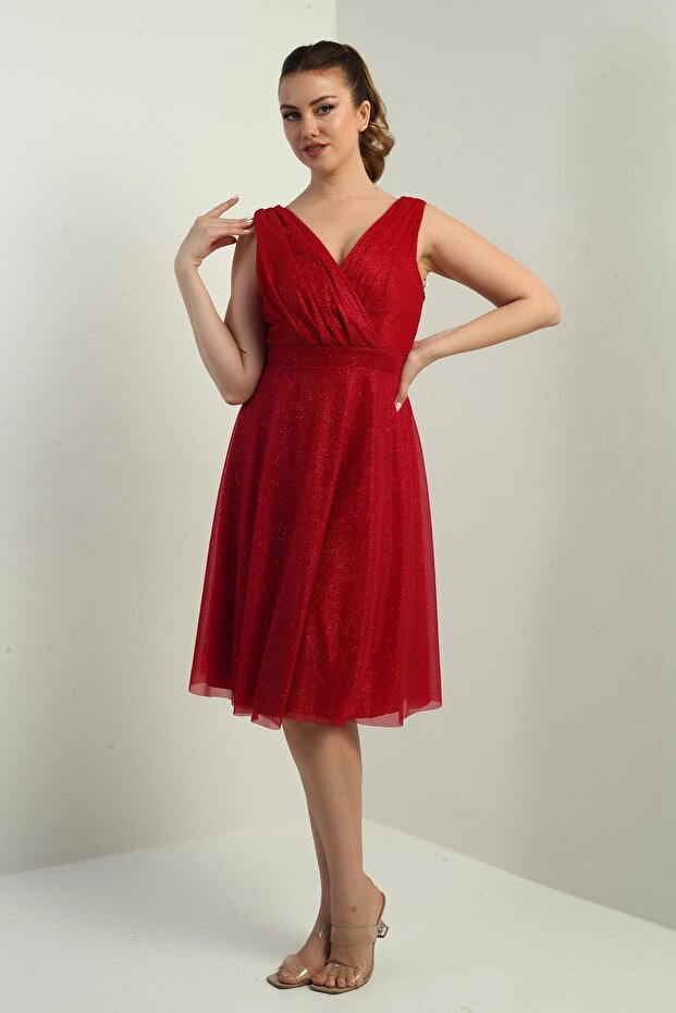 Kadın Kruvaze Yaka Astarlı Kloş Simli Kısa Elbise - 2