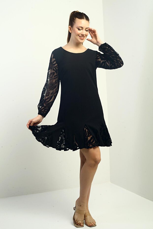 Women's Sleeves and Hem Flock Printed Short Dress with Flounces