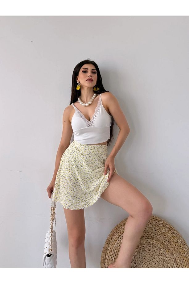 Çiçek Desenli Krinkıl Şortlu Etek - 2