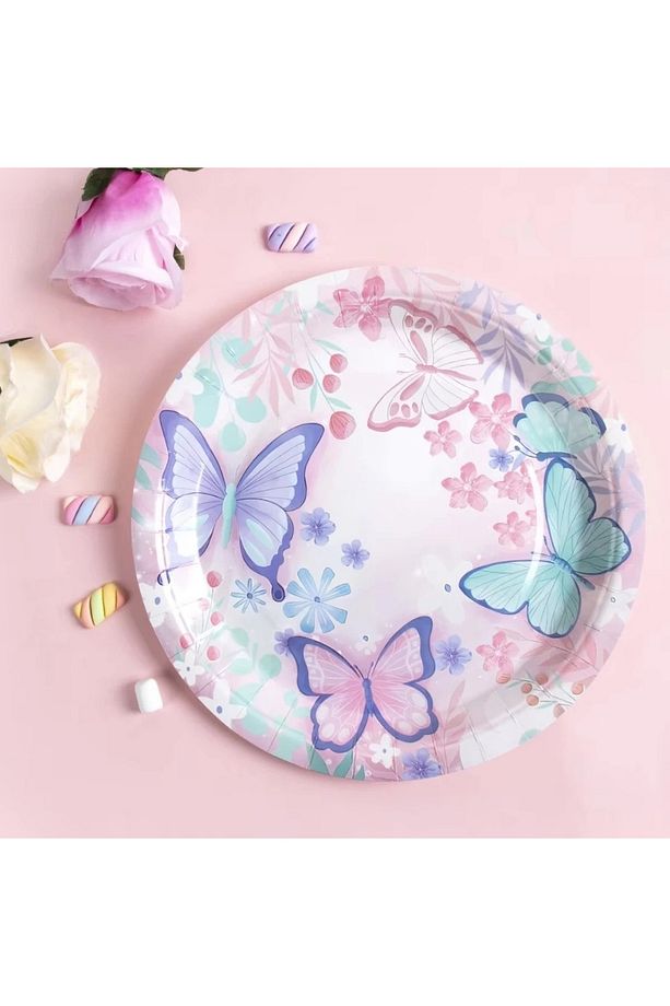8 Kişilik Makaron Lila Pembe Kelebek Kullan At Tabak-bardak- 2'li Parti Seti - 2