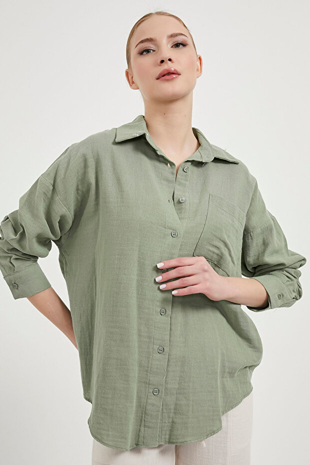 Women's Summer Muslin Oversize Pocket Khaki Shirt