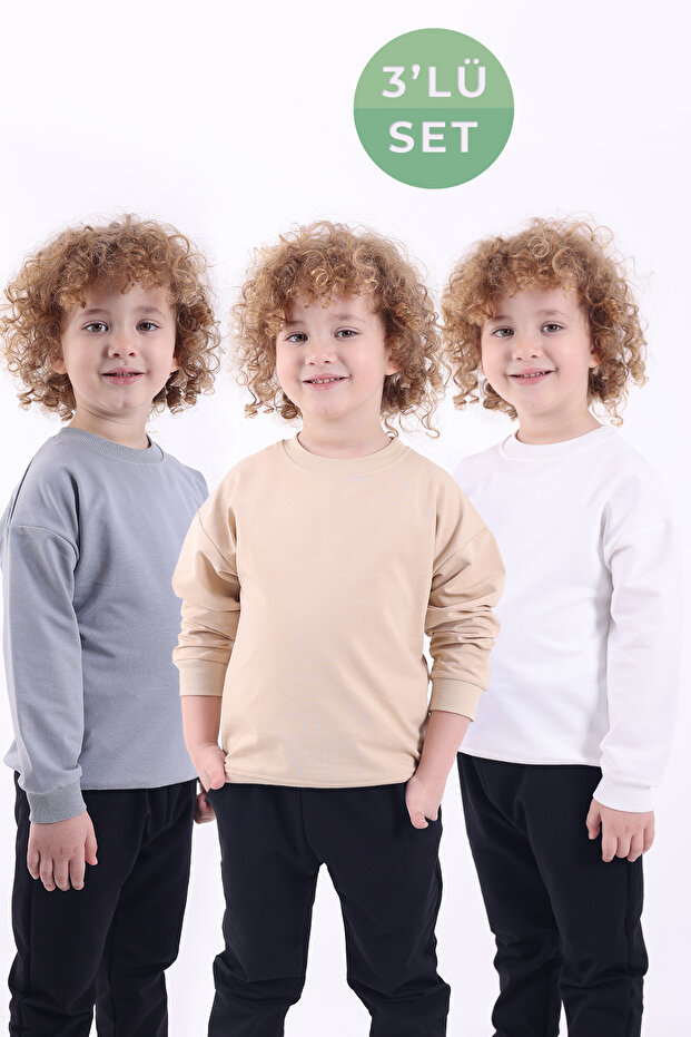 Lovexi 3 Lü Set Mevsimlik Oversize Basic Sweatshirt (GRİ BEYAZ BEJ)