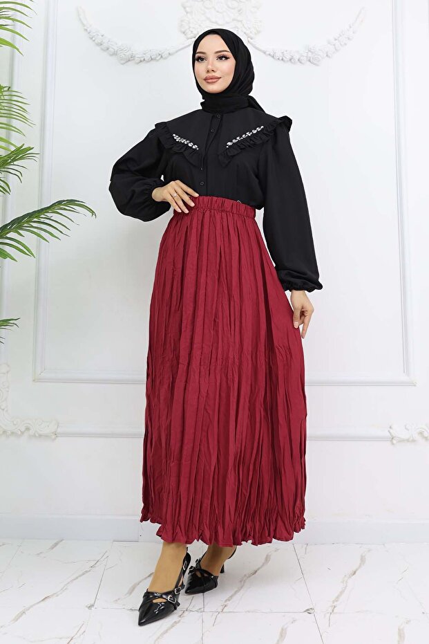 Elastic Waist Crinkle Skirt Burgundy 3435