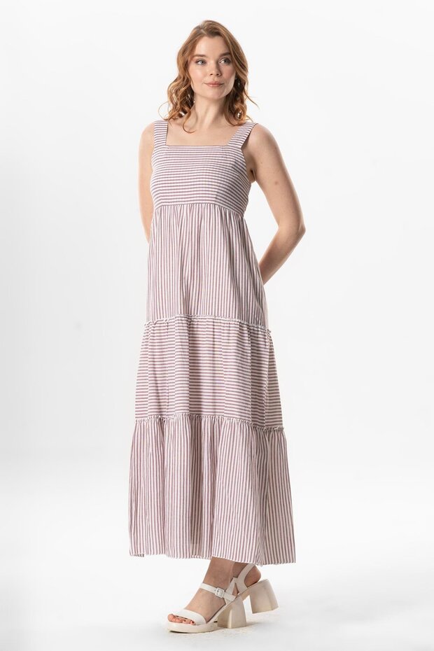 Strappy Şile Bezi Square Neck Talisman Long Summer Dress Burgundy Striped Brdbyz