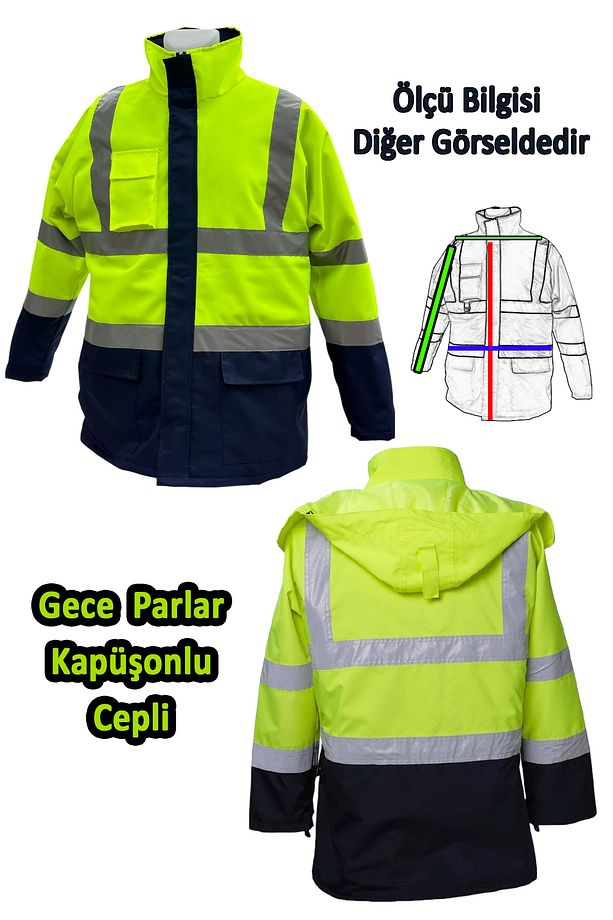 Cepli Reflektif Fosforlu Fermuarlı Kaban Kapüşonlu Mont Parka Sarı Lacivert Kaban Işçi Parkası - 1