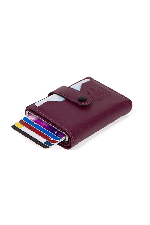 Leather Rfid Protective Aluminum Automatic Mechanism Card Holder and Wallet - Purple