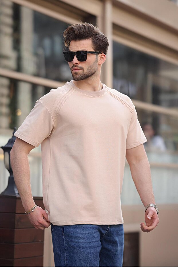 تي شيرت رجالي أساسي بياقة دائرية باللون البيج E7138 - 2