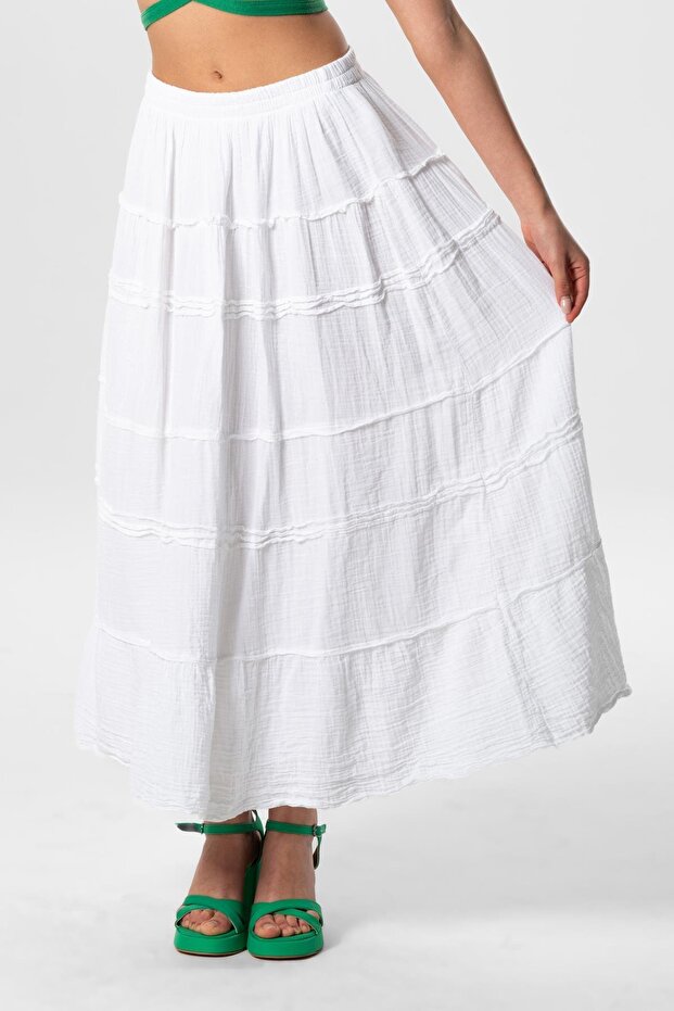 Benan Elastic Waist Long Summer Muslin Skirt White White