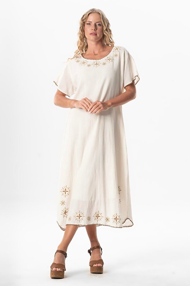 Short Sleeve Şile Fabric Muslin Oval Cut Embroidered Midi Length Summer Dress Cream Krm