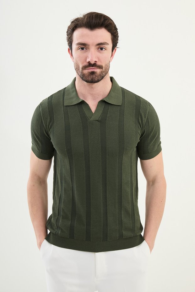 Striped Slim Fit Apaç Collar Men's Knitwear T-Shirt Khaki - 11534.25Y
