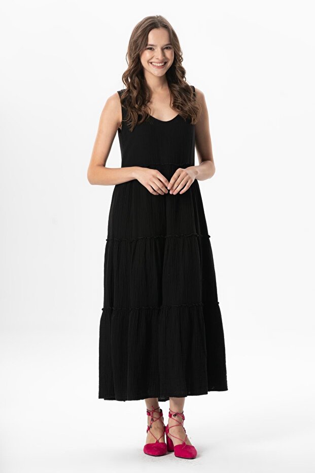 Sleeveless Artemis Oval Collar Star Printed Midi Length Muslin Summer Dress Black Syh