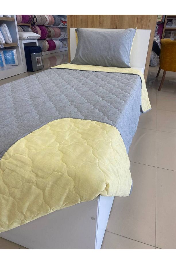Tek Kişilik Kapitoneli Çift Taraflı Yatak Örtüsü Takımı Genç Çocuk Odası Yatak Örtüsü Gri - Sarı - 7