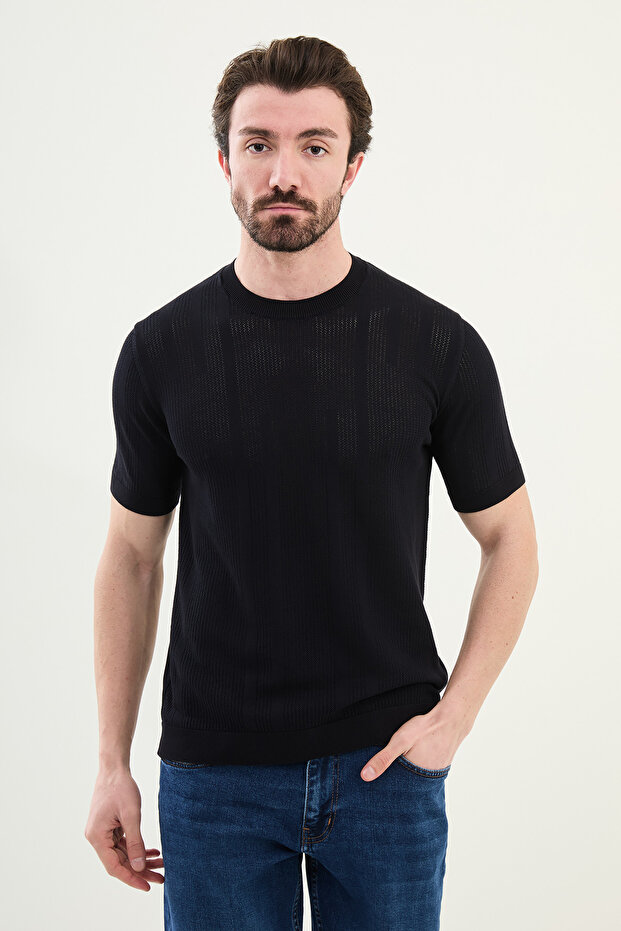 Patterned Slim Fit Crew Neck Men's Knitwear T-Shirt Navy Blue - 11535.25Y