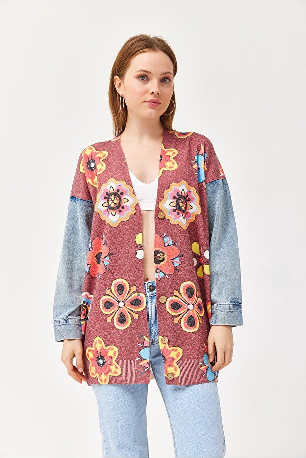 Patterned Long Knitwear Cardigan with Sleeve Denim Detail Claret Red