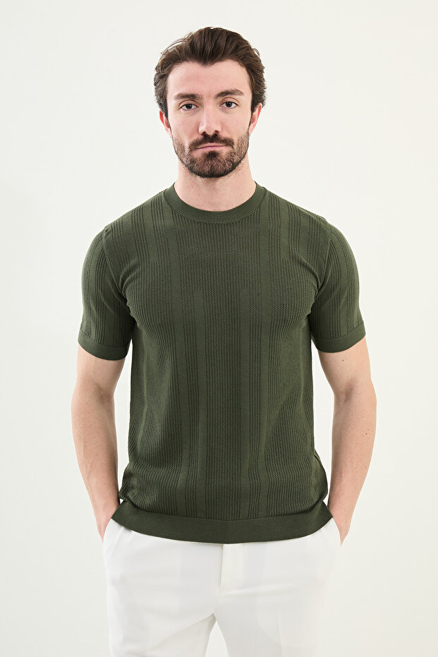 Patterned Slim Fit Crew Neck Men's Knitwear T-Shirt Khaki - 11535.25Y