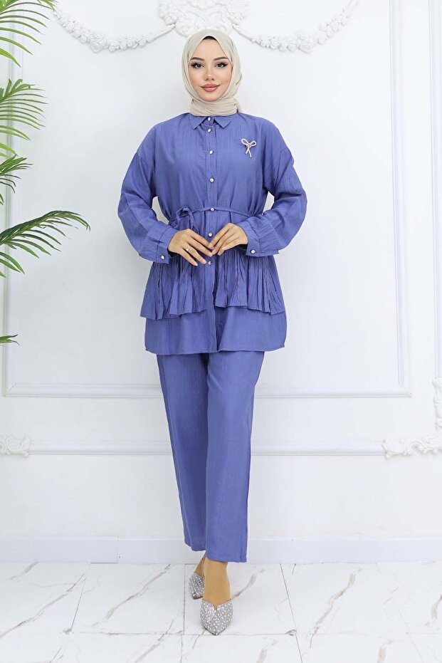 Ruffled Brooch Detailed Double Suit Set Indigo 4793