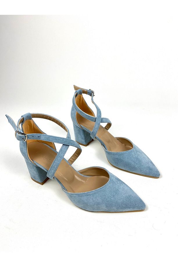Bebe mavisi süet 6 cm kalın topuklu ayakkabı 01401 - 6