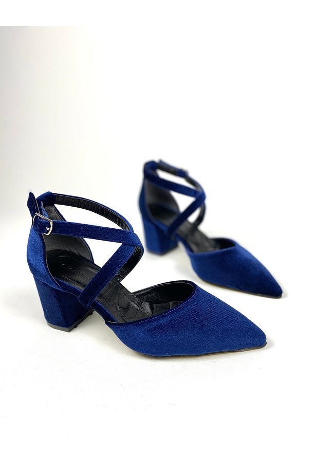 Gece mavisi kadife 6 cm kalın topuklu ayakkabı 01401 - 6