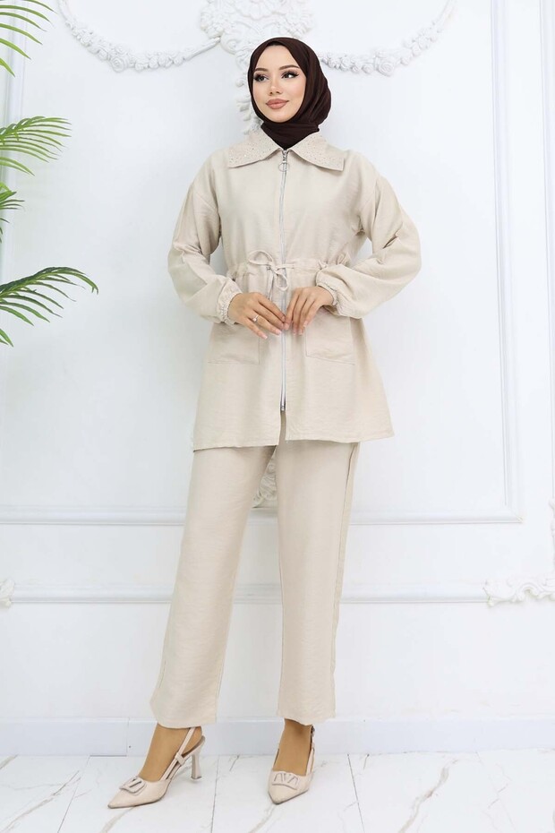 Hijab Suit with Stone Detail on Collar Stone Color 4727