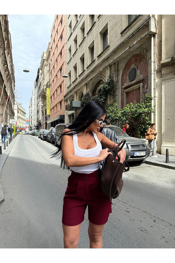 Kadın Yüksek Bel Bermuda Şort - 7