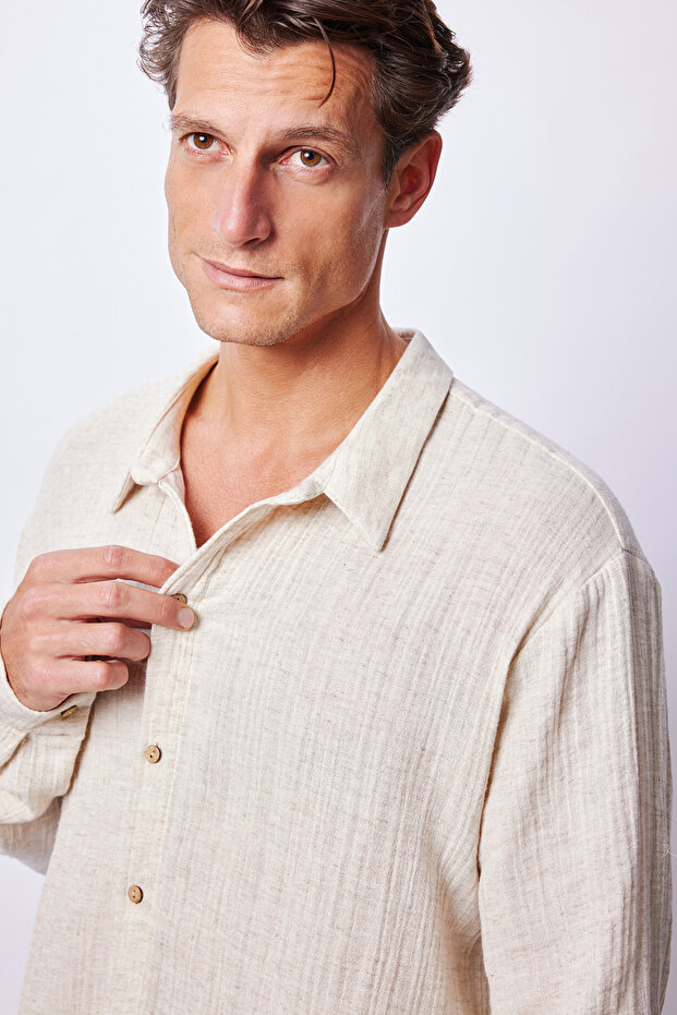 Bej Keten Oversize Gömlek - 4