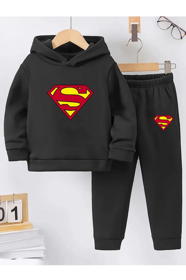 Kışlık Kız Erkek Çocuk Eşofman Takımı 5 6 7 8 9 10 11 12 yaş Unisex Supermann - 1