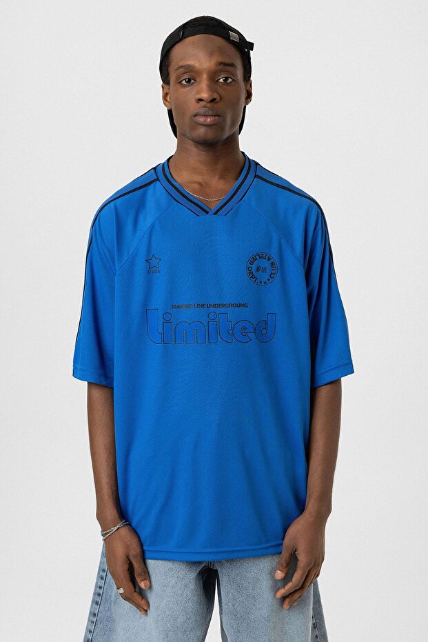 Baskılı Oversize Forma Tişört Saks - 3