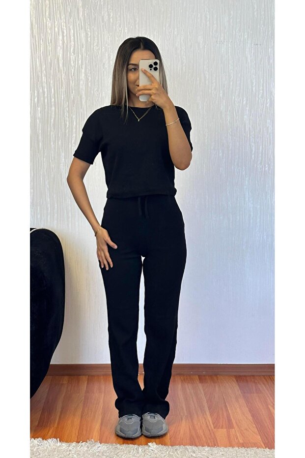 طقم أساسي أسود مضلع - قماش مرن - 1