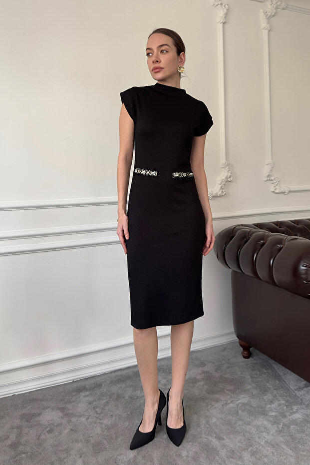 Beaded Ornamental Pocket Detail Dress - Black