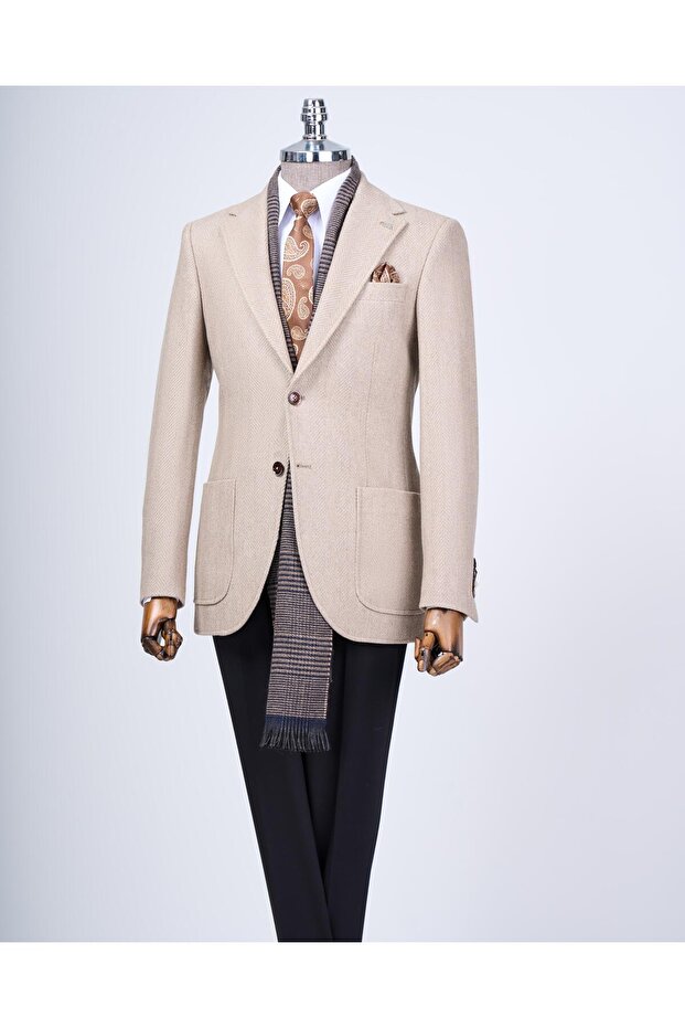 Italian Style Slim Fit Mono Collar Men's Single Jacket Beige T13580