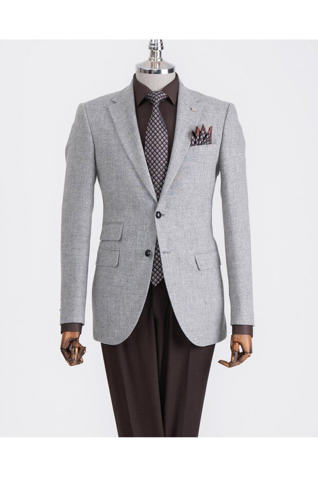 Italian Style Slim Fit Mono Collar Men's Single Jacket Gray T13348