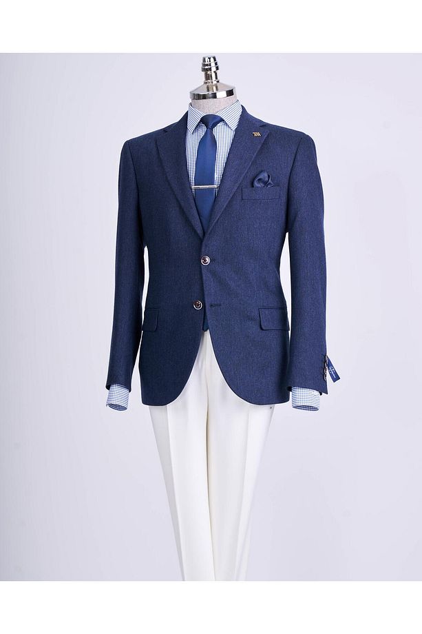 İtalyan stil slim fit 4 drop  mono yaka erkek tek ceket lacivert T13484 - 1