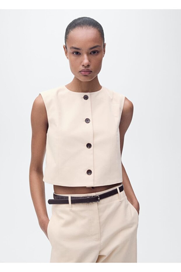 Crop pamuklu düğmeli bluz - 1