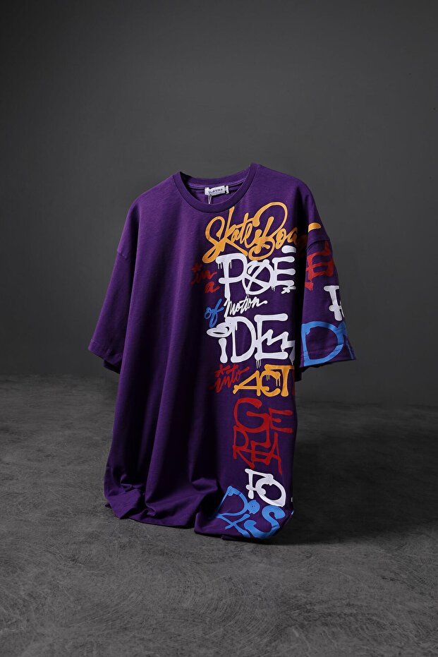 Erkek Mor Yan Baskılı Oversize Tshirt - 1