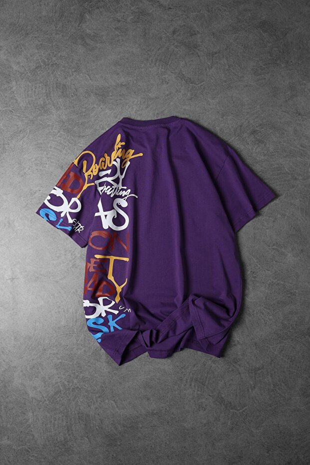Erkek Mor Yan Baskılı Oversize Tshirt - 3