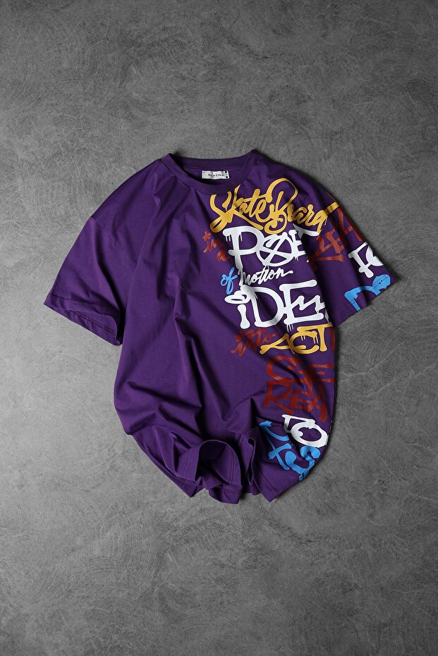 Erkek Mor Yan Baskılı Oversize Tshirt - 2