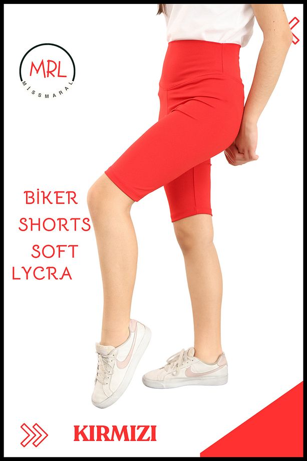 Kırmızı  Biker Şort Yüksek Bel İç Göstermez Esnek Yumuşak  Likralı Soft tBiker Basics - 5