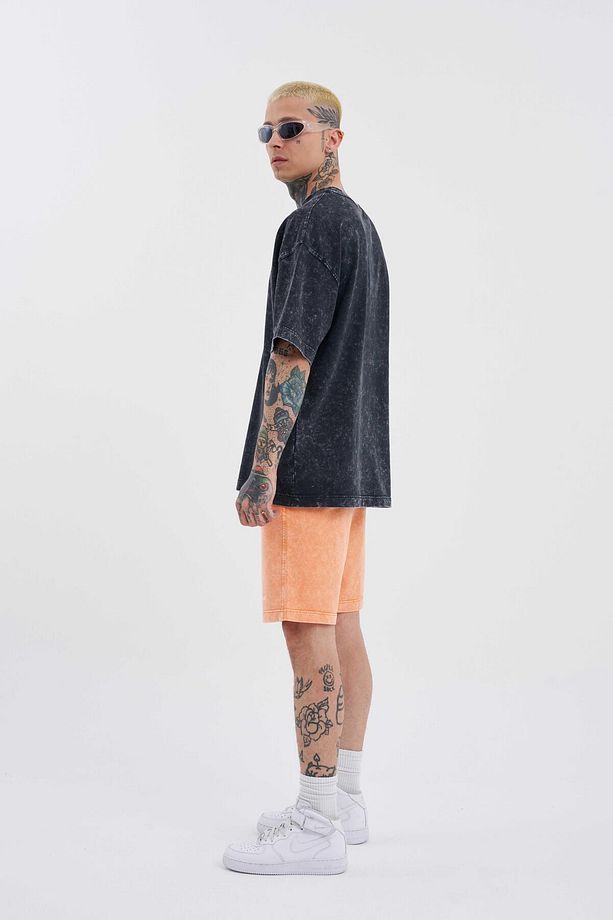 Erkek Luxury Basic Yıkamalı Relaxed Turuncu Spotted Şort - 5