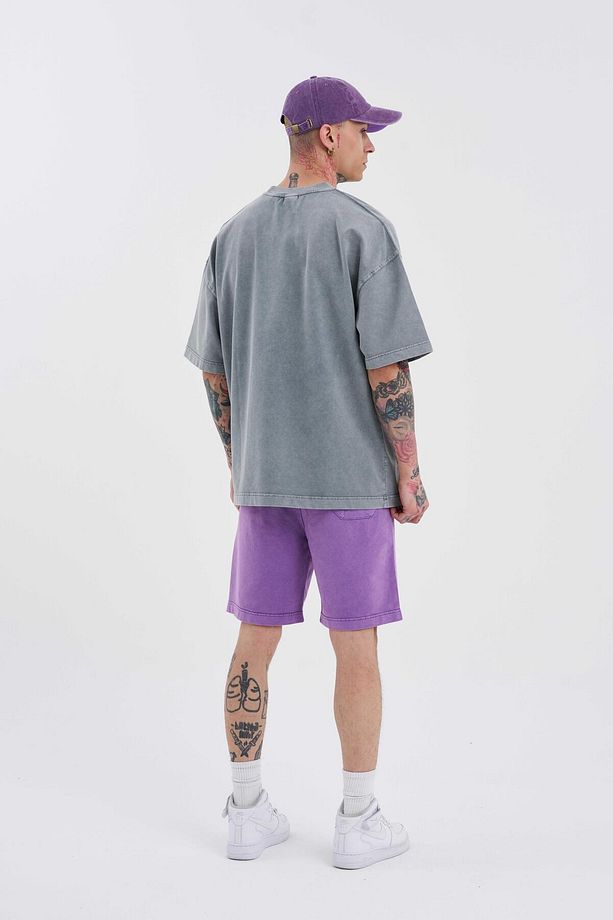Erkek Luxury Basic Yıkamalı Relaxed Mor Şort - 5
