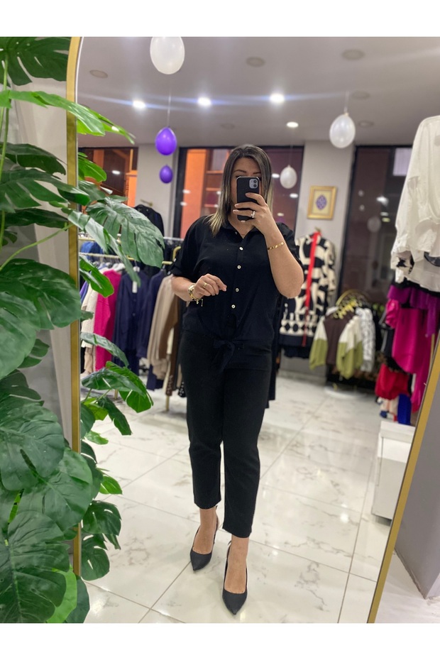 Önden bağlamalı Krep gömlek - 6