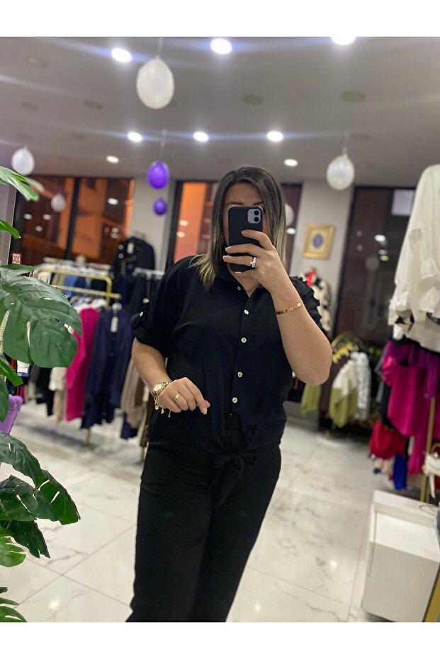 Önden bağlamalı Krep gömlek - 7